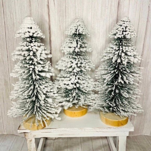 No Brand Other - Set of 3 NWT Snow covered heavily flocked pine CHRISTMAS bottle brush tr…